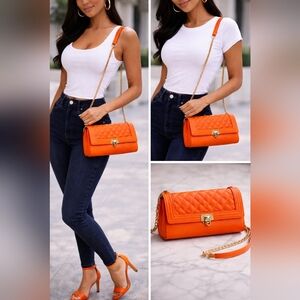 Olivia Miller Orange Quilted Crossbody Purse Gold Chain Strap
